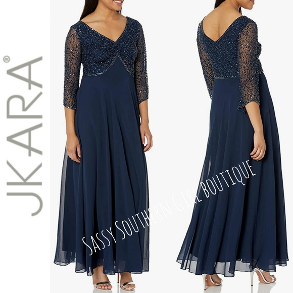J Kara Dresses J Kara Navy Silver Beaded Maxi Formal Dress Poshmark